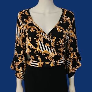 ARABELLA Black and Gold Baroque Striped Surplice Baddie Crop Top